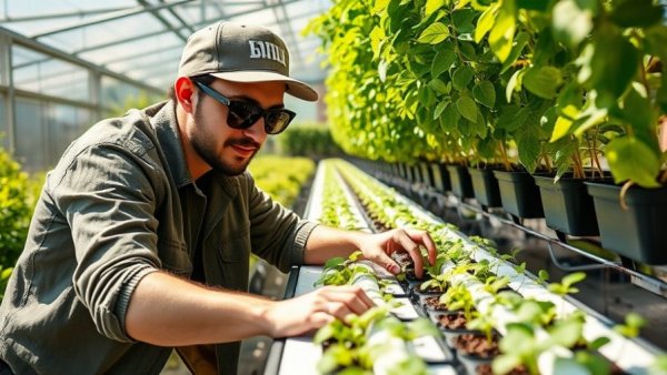 Young man planting seeds in aeroponic system outdoors.