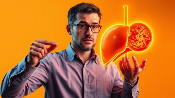 Hidden health dangers to your liver illustration, concerned man pointing at liver.