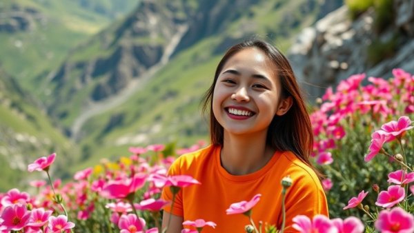Young woman smiling in pink wildflower field under Full Pink Moon.