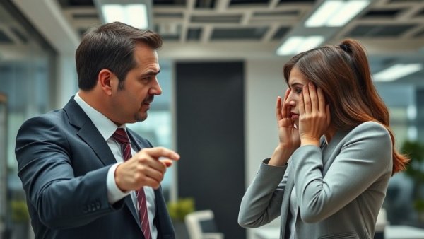 A stressed office confrontation suggesting upward bullying in the workplace.
