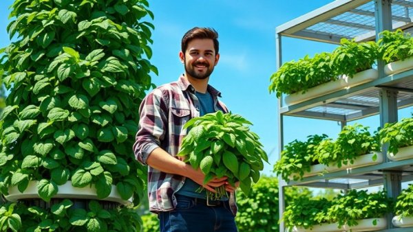 Young man showcasing year-round yields from aeroponic towers with basil