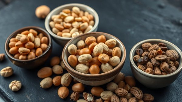 Assorted legumes and nuts in bowls, featuring peanuts prominently.