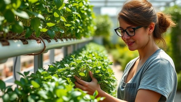 Woman harvesting in solar-powered aeroponic vertical farm, lush greenery.