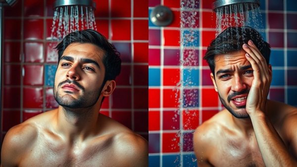 Hot vs Cold Showers Recovery: Man under split hot and cold showers, vibrant tiled background.