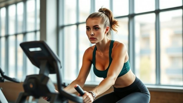 Energetic woman working out in gym, focused on physical activity.