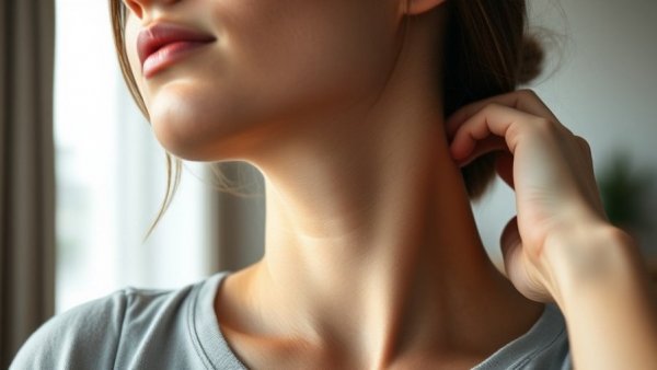 Young woman stretching neck, emphasizing daily stretches for ligament health.