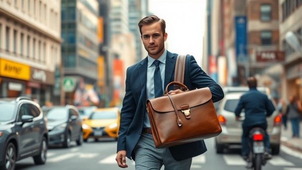 Urban businessman with briefcase walks in a city, reflecting on business confidence amid Middle East conflict.