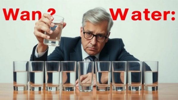 Concerned man with glass of water illustrating myth of 8 glasses.