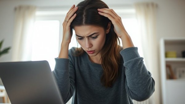 Stressed woman at laptop illustrating customer churn in online retail.