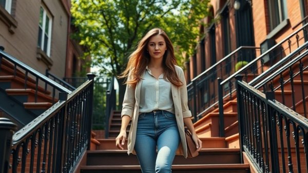 Young woman steps down a sunlit staircase in green leggings, showcasing urban style.