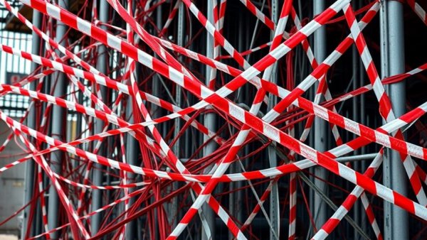 Red and white barrier tape tangled, symbolizing reducing regulatory burden in business.