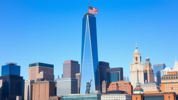 New York City skyline with American flag, clear sky.