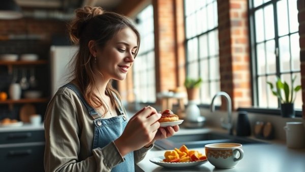 Woman enjoying breakfast highlights early eating benefits for metabolism.