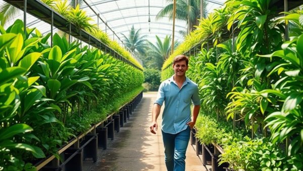 Man walking through vertical farm with lush greenery and planters.
