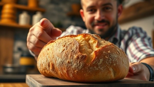 Crispy loaf of bread with a man pointing, suggesting to eat in warm rustic kitchen.