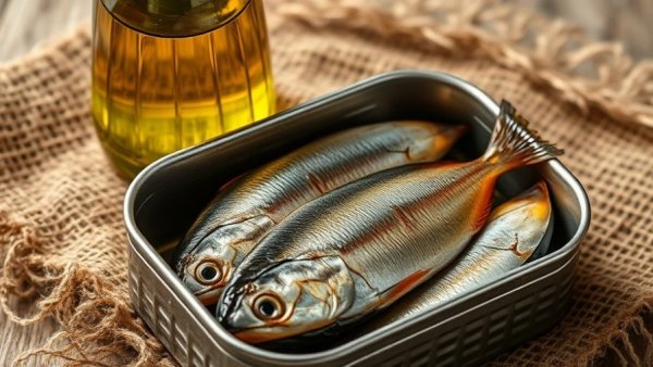 Sardines in a tin with olive oil on burlap, sustainable food source.