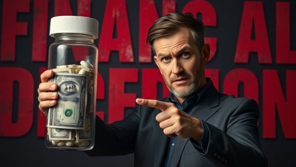 Antidepressant industry transparency: Man with pill bottle of money.