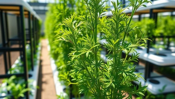 Dill plant thriving in aeroponic towers in sunlight.