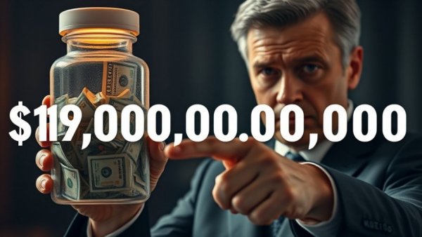 Man points at pill bottle filled with dollars, '$19,000,000,000 LIE' text.