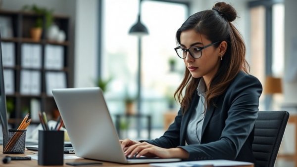 Young professional woman working on laptop, small business financial advice setting