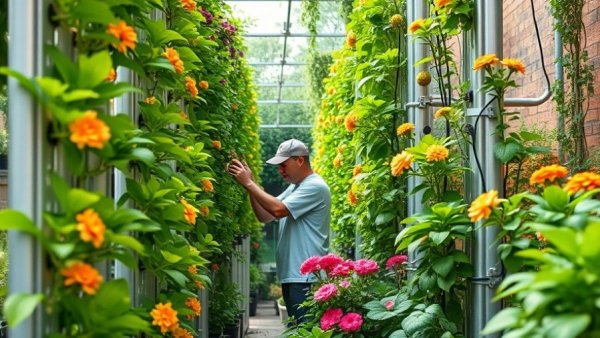 Hydroponic vertical farms with person in garden.