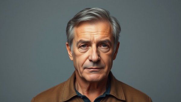 Middle-aged man rating popular drinks health ratings, simple backdrop.