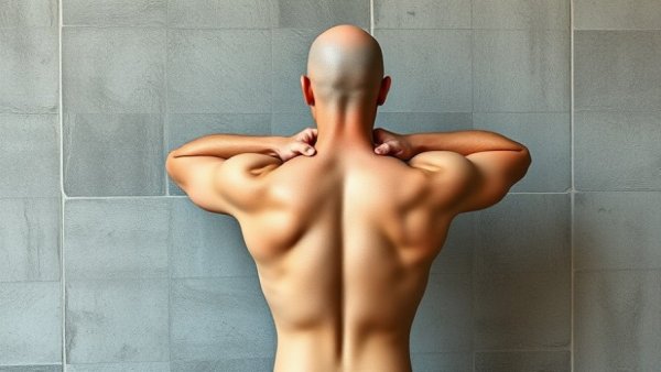Person with hands on head in relaxed pose by textured wall.