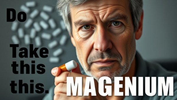 Man holding magnesium pill with caution text, magnesium mistakes concept.