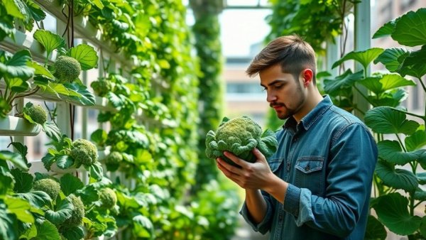 Young man showcasing hydroponic farming with vertical broccoli crop.