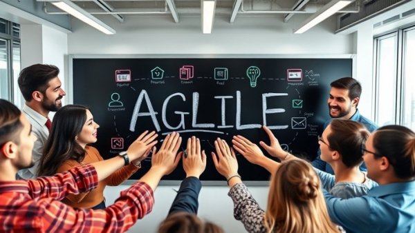 Top view of diverse team collaborating around 'AGILE' board, highlighting AI benefits for small businesses.