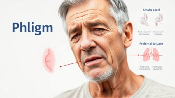 Middle-aged man coughing indicating phlegm with medical graphic.