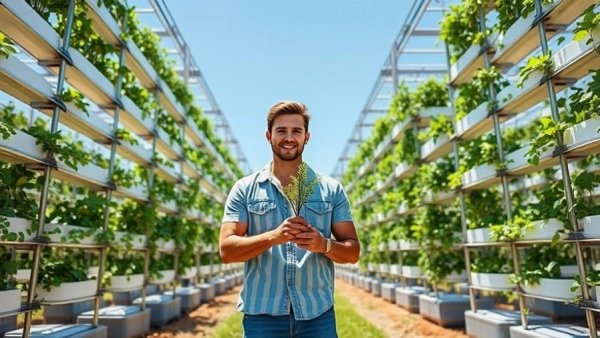 Vertical farming in Martinique young man holding plant.