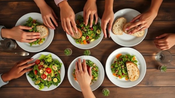 Family sharing meal with salad and bread for gut health.