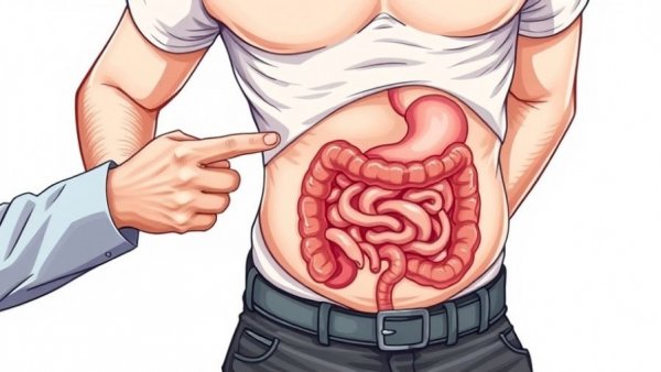 Illustration explaining bloating after eating with highlighted abdomen.