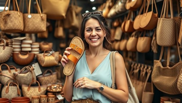 Smiling woman displaying cork sandals at a sustainable products stall.