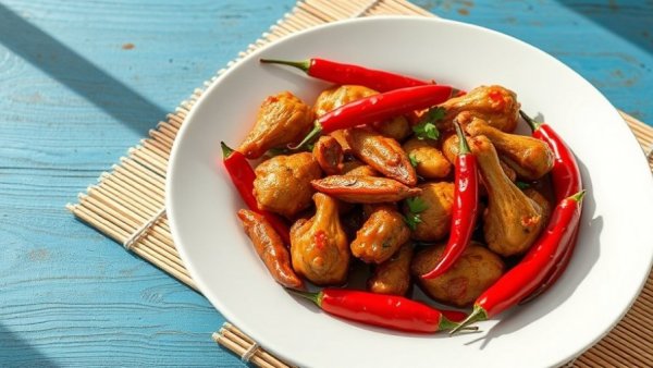 Aromatic spicy chicken plate with red chili peppers on a wooden mat.