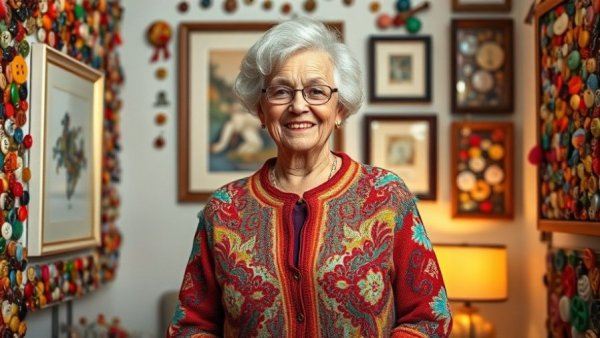 Older woman in a colorful cardigan, standing in a button-filled room.