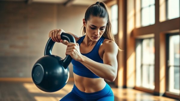 Focused woman exercising with kettlebell, exercise as medicine concept.