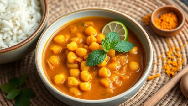 Chickpea and Pumpkin Coconut Curry with rice and spices on woven mat.