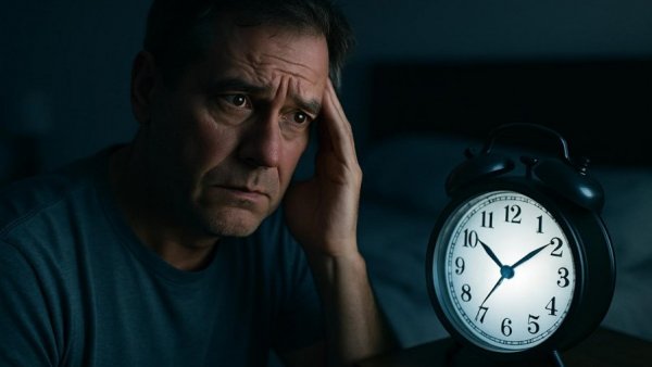 Worried man next to a 3 AM clock, pondering good night's sleep.
