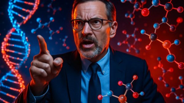 Authoritative figure with molecular structures, emphasizing a point.