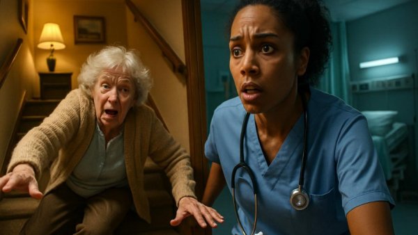 Dramatic fall prevention scene with senior woman and healthcare worker.