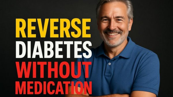 Confident man promoting reversed diabetes without meds, bold text.