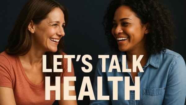 Two women discussing mitochondrial health with bold text overlay.
