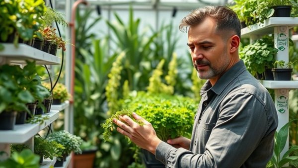 Maximizing herb yields on aeroponic towers; man tending herbs.