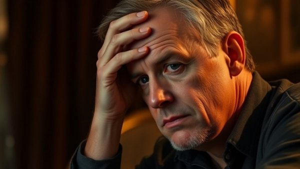 Contemplative middle-aged man in warm lighting, anti-aging advice theme.