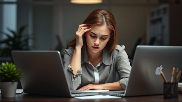 Young woman stressed at desk illustrating business burnout prevention strategies.