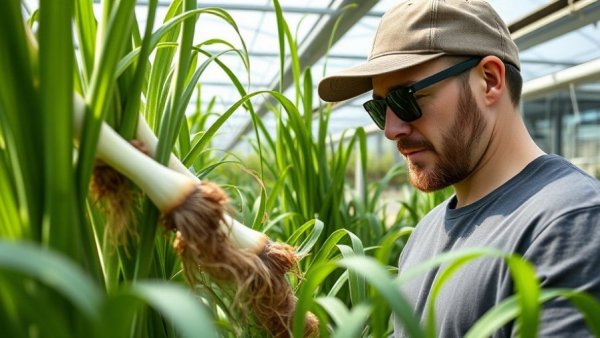 Man examining green onions in a vertical farming environment.