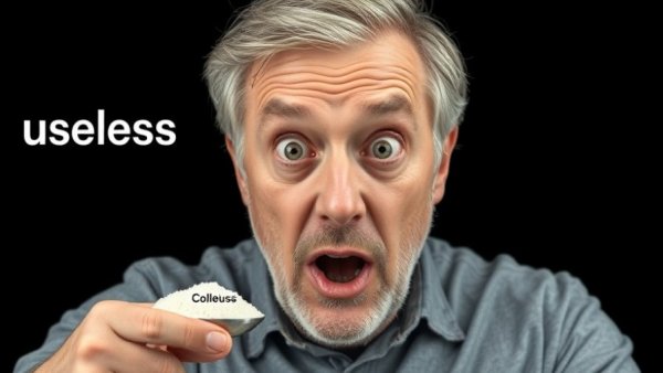 Surprised man pointing at collagen powder labeled 'useless', questioning its effectiveness.