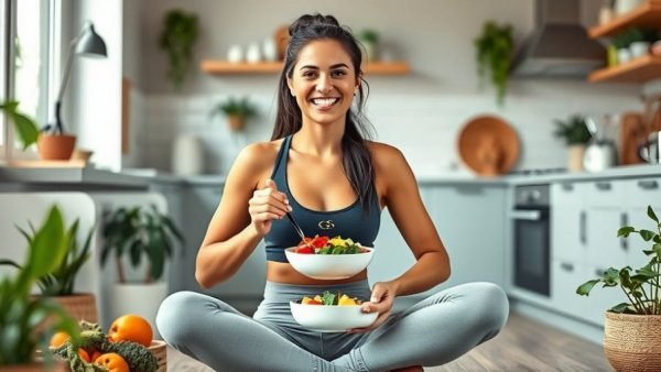 Fit woman enjoying healthy meal in bright kitchen, promoting weight loss and type 2 diabetes prevention.
